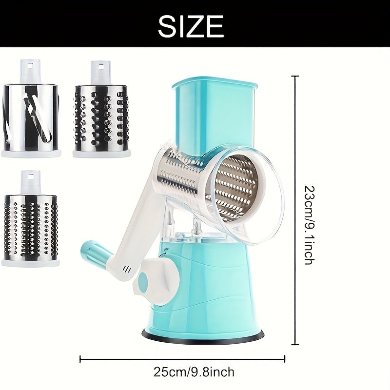 Three-in-One manual cheese and vegetable grater made of durable plastic with interchangeable shaving rollers, suitable for kitchen, camping, and RV use. Easy to use, rustproof, and easy to