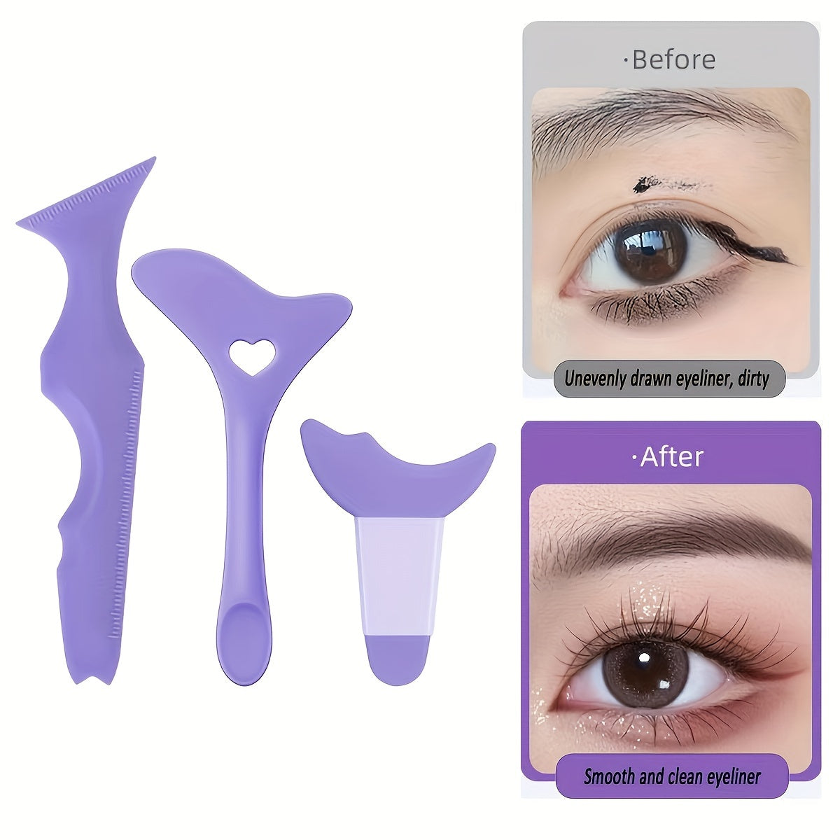 3-Piece Silicone Eyeliner Stencil Set for perfect eye lines. Multi-functional makeup tool kit, ideal for makeup enthusiasts and beginners. Easy to clean and reusable. Unscented, no power or