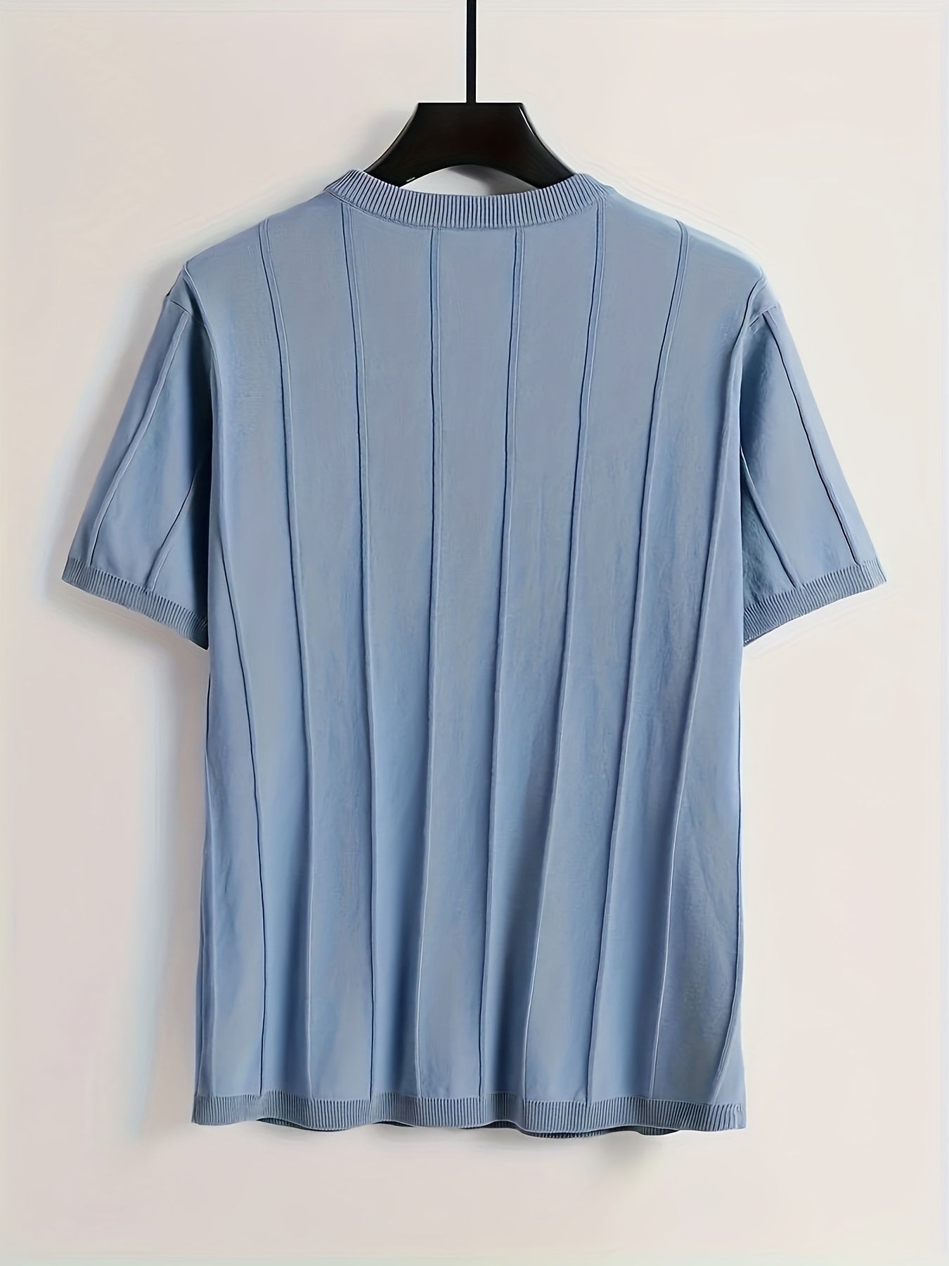 100% Cotton Men's Casual Ribbed Knit T-Shirt with Short Sleeves, Crew Neck, and Striped Design for Summer.