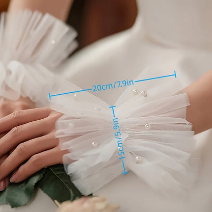 Stylish White Mesh Beaded Bridal Wrist Cuffs - Elegant Choice for Fashionable Wedding Sleeve Decorations, Made from Polyester