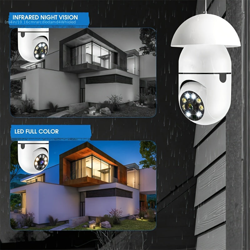 This is a 1080P 2.4GHz socket safety camera with a bulb design that can rotate 355 degrees. It can be used indoors and outdoors and supports full-color viewing during both day and night. The camera also features motion detection, alarms, and two-way