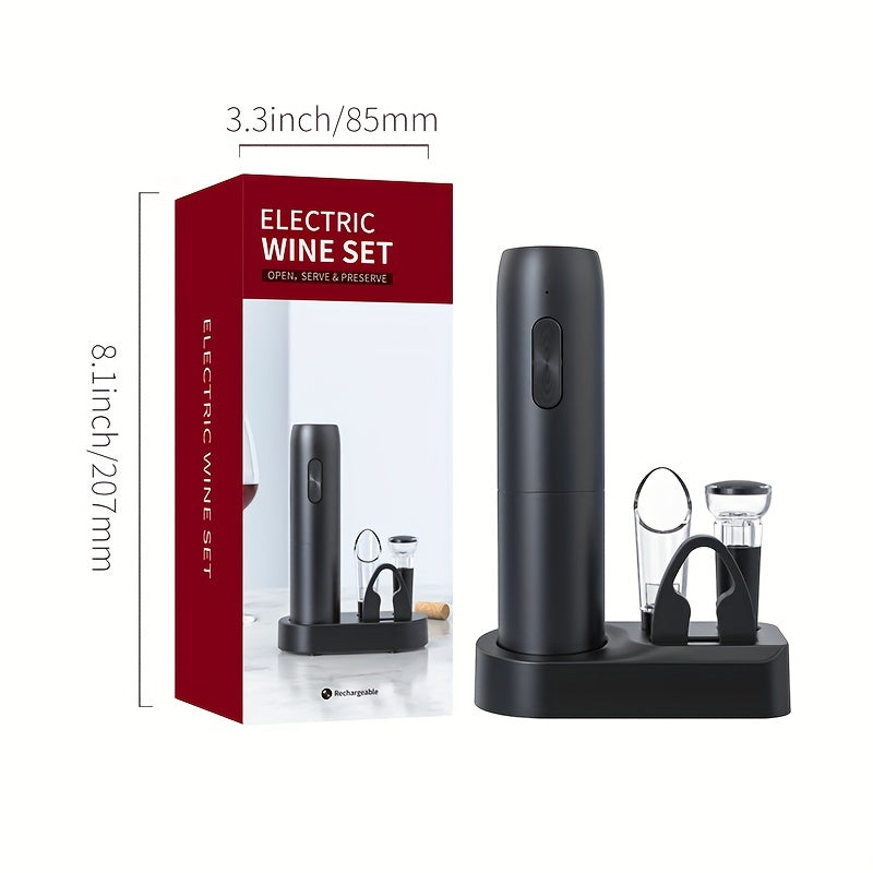 Electric wine bottle opener set includes: automatic opener, spiral cork drill, vacuum fresh-keeping cork, pourer, and storage set. Dimensions: 8.38cm X 20.57cm.