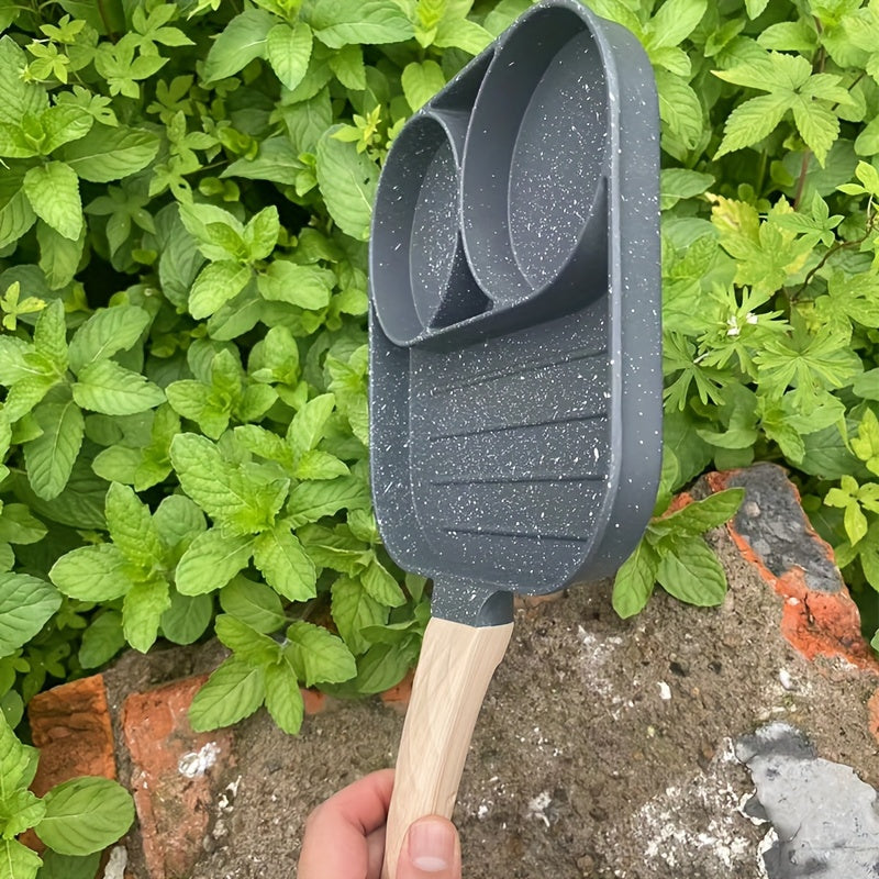 Kitchen accessory: Non-stick aluminum omelet pan with a wooden handle. Perfect for pancakes, bacon, and burgers. Hand wash only. Compatible with gas stove and induction cooker. Perfect breakfast pan.