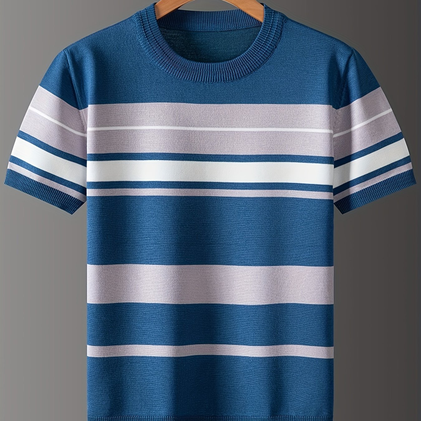 Men's casual striped crew neck pullover sweater with medium stretch, regular sleeves, suitable for spring/fall.