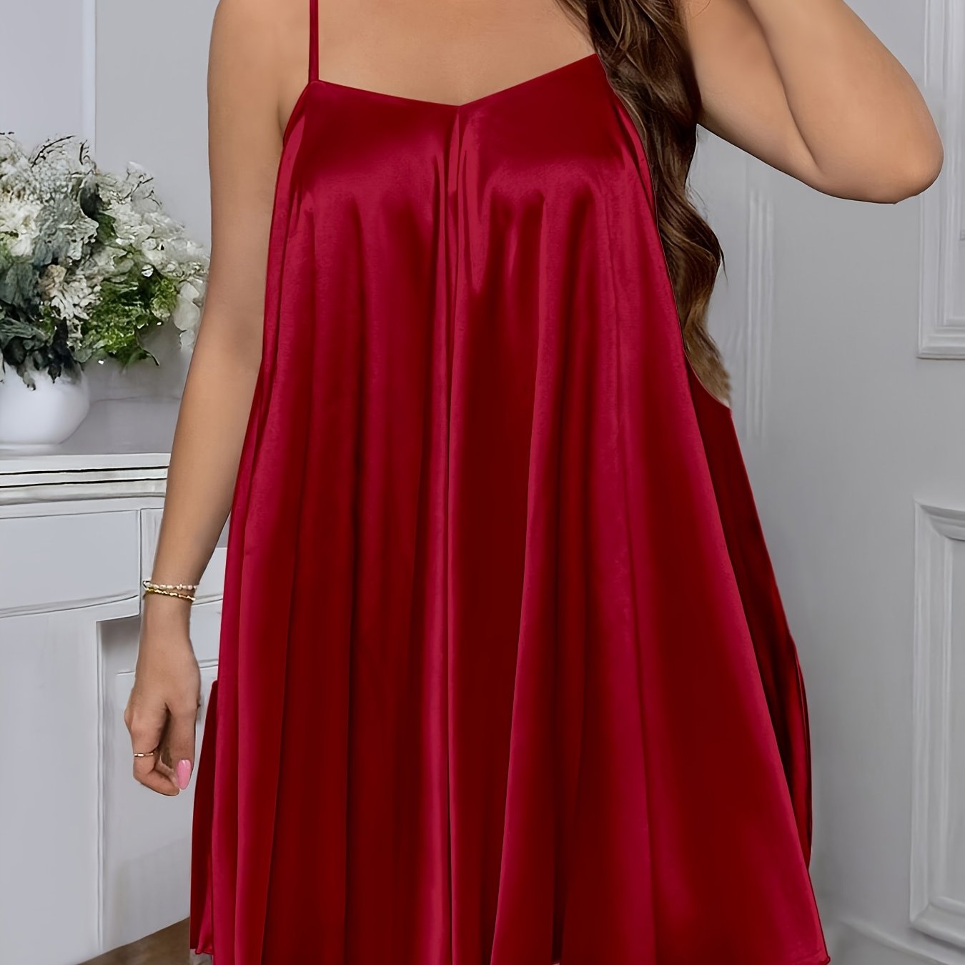 Plus Size V-Neck Night Dress, Solid Color, Polyester/Elastane, Cross Strap Back, Lightweight, Slight Stretch - Ideal for Spring/Summer/Fall.