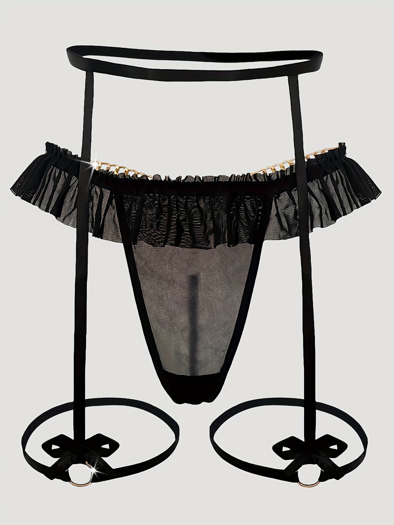 Seductive mesh garter set with gold chain, bow, and letter T-back.