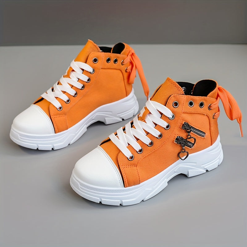 Women's canvas platform sneakers with zip detail, lace-up high top design, and casual all-match style, available in plus sizes.