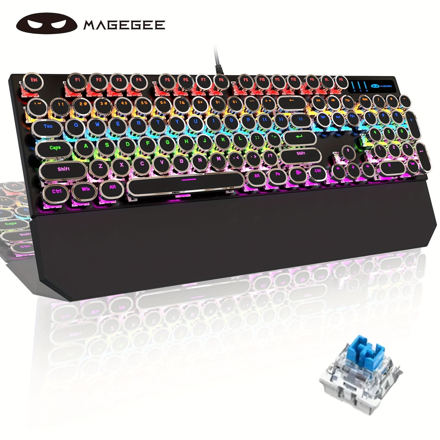 MageGee Typewriter Mechanical Gaming Keyboard with RGB Rainbow Backlit Round Keycaps suitable for Game and Office use on Windows, Laptop PC, and Mac.