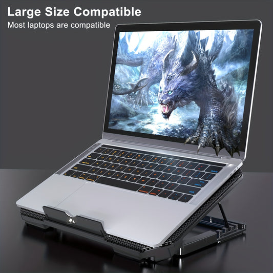 Black laptop cooling stand with 2 fans, adjustable height, LED light, rolling speed switch, 2 USB ports, metal mesh design for 22.86-43.18 cm laptops.