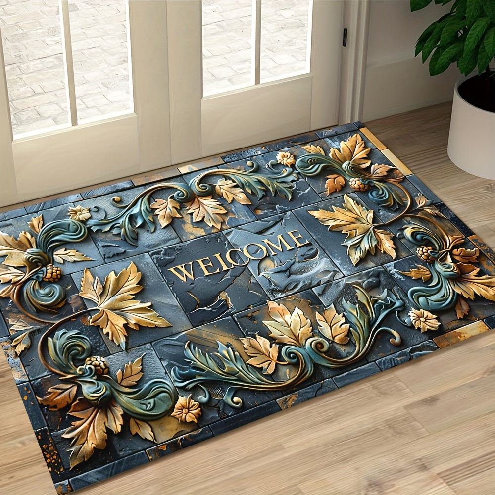 Introducing the 3D Realistic Stone Pattern Mat with Plant Relief, crafted with a 6mm thick layer of 100% polyester material. This luxurious mat boasts a plastic dot bottom and finely locked edges, weighing 800 grams per square meter. Its slip-resistant