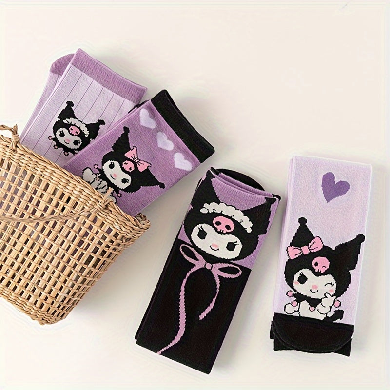 Sanrio Double Kulomi socks in purple with love bow pattern.