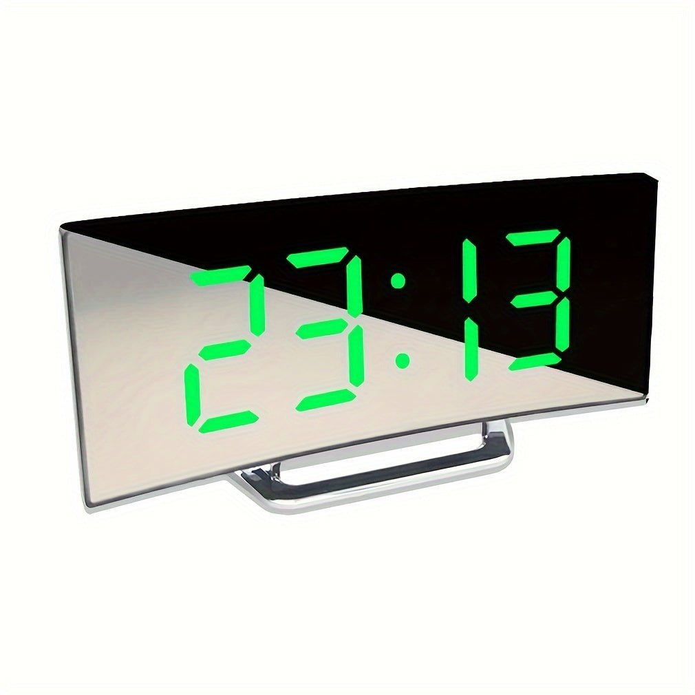 Curved LED Mirror Clock: Silent Alarm, Dimmable, USB/Battery Powered - Ideal Home Decor