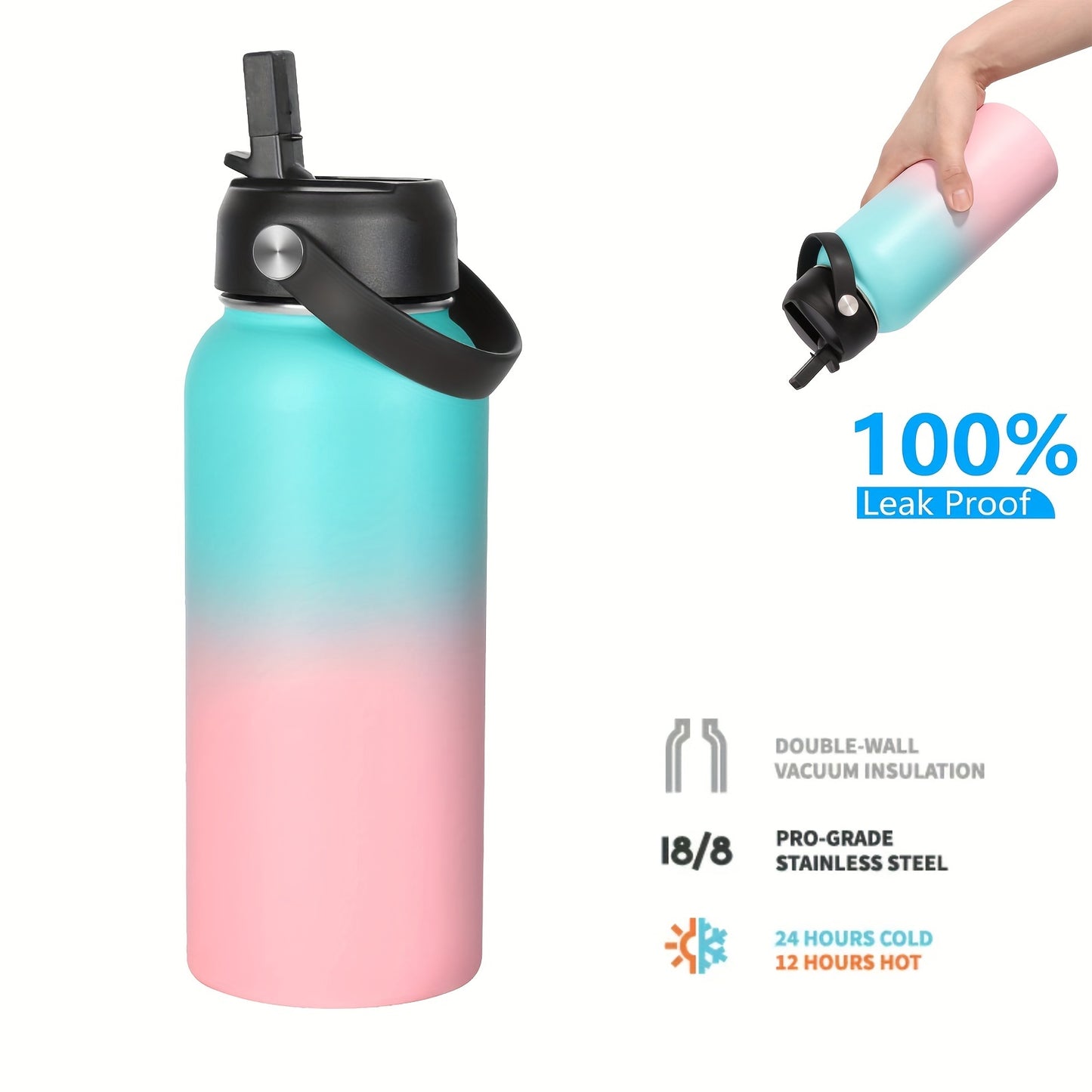 Insulated sports water bottle, 32oz, with straw and lid for outdoor activities and travel.