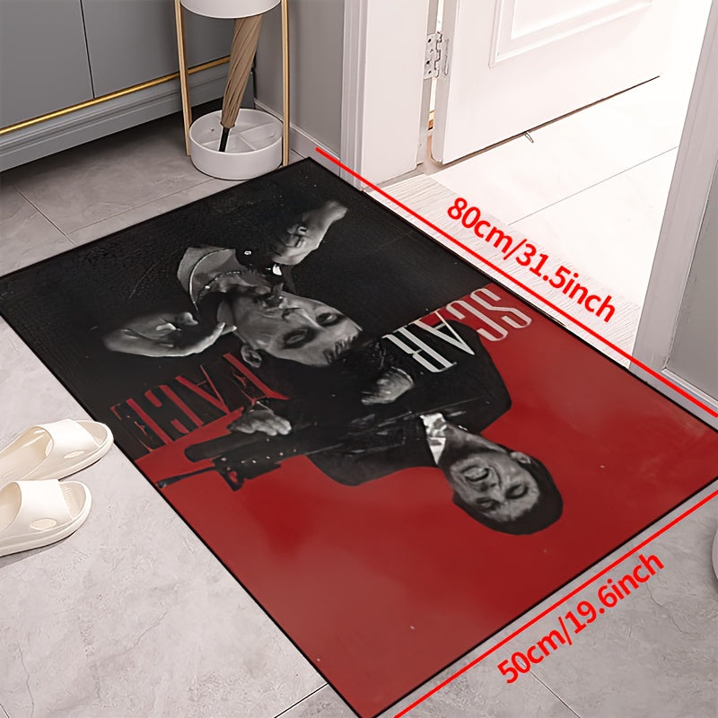 Area rug featuring a scarred man with a cigar and gun design, made of durable polyester, non-slip, and machine washable. Perfect for use in the living room, bedroom, hallway, or even outdoor spaces. Available in various sizes: 15x23, 19x31, 31x47, 39x59