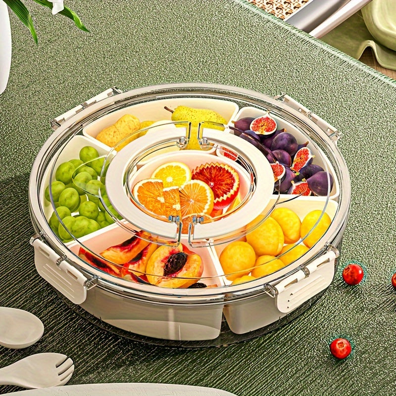 Single serving tray with lid, handle and divider for snacks, perfect for parties and entertaining.