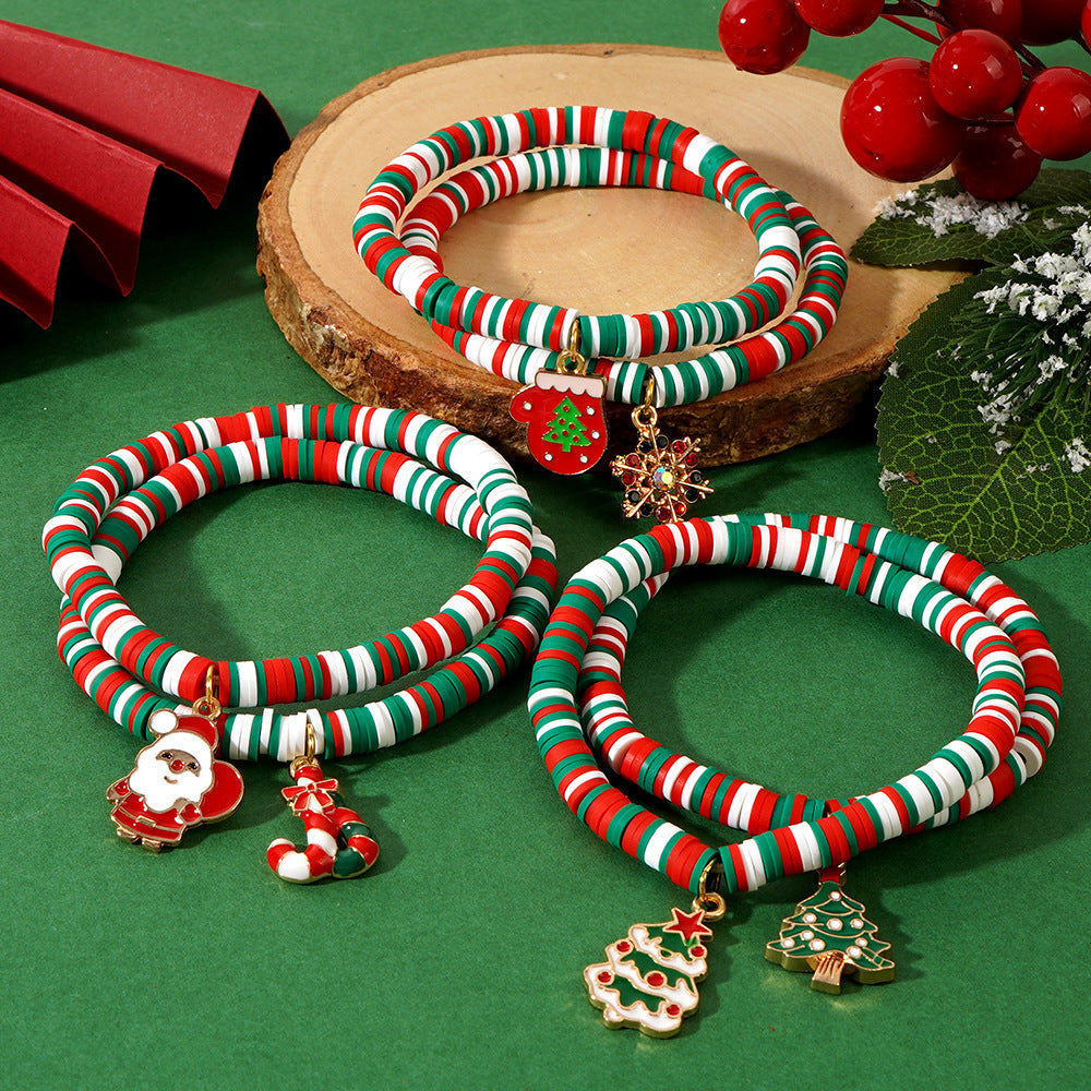 Set of 10 Bohemian Style Christmas Heishi Bracelets, featuring Adjustable Elastic Twin Bracelets adorned with Ceramic Beads, Santa Claus Snowflake Charms. Ideal for Holiday Party Favors and New Year Celebrations.