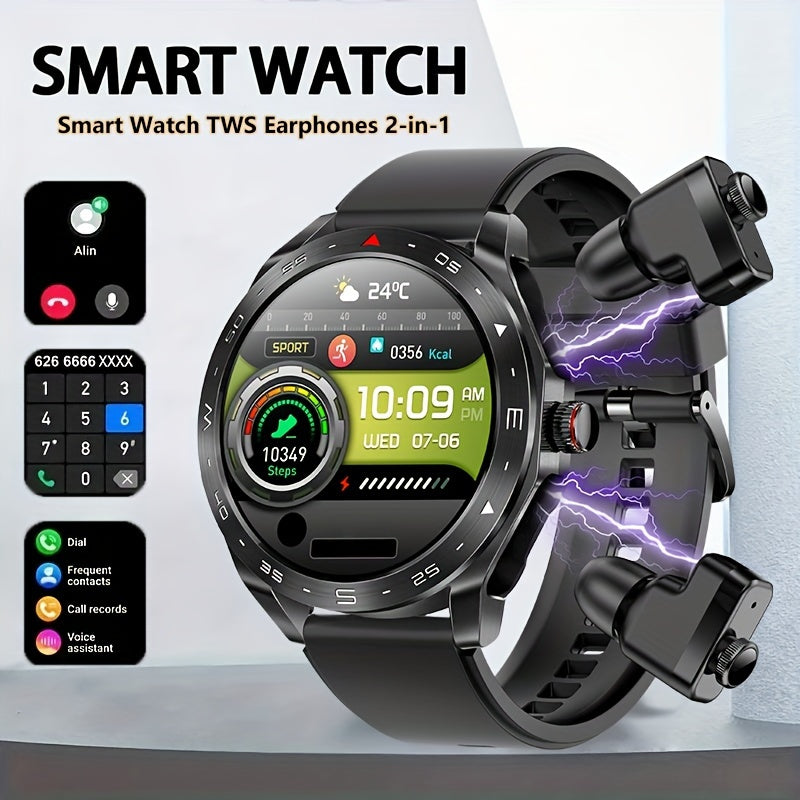 [Popular Choice] Smart Watch with built-in TWS headphones, AI voice, HD touch screen, fitness tracker, and steel/silicone strap for men.