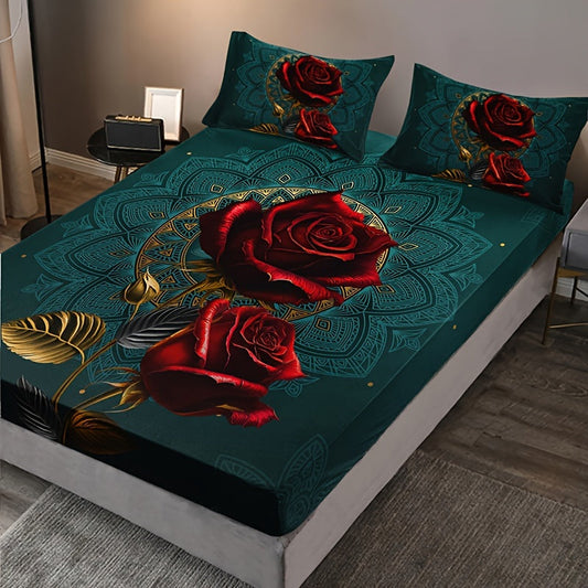 Bedding set featuring an elegant rose floral print - vibrant red roses with golden accents. Made with breathable polyester for all-season comfort. Set includes 1 deep pocket fitted sheet and 2 pillowcases. Machine washable for easy care.