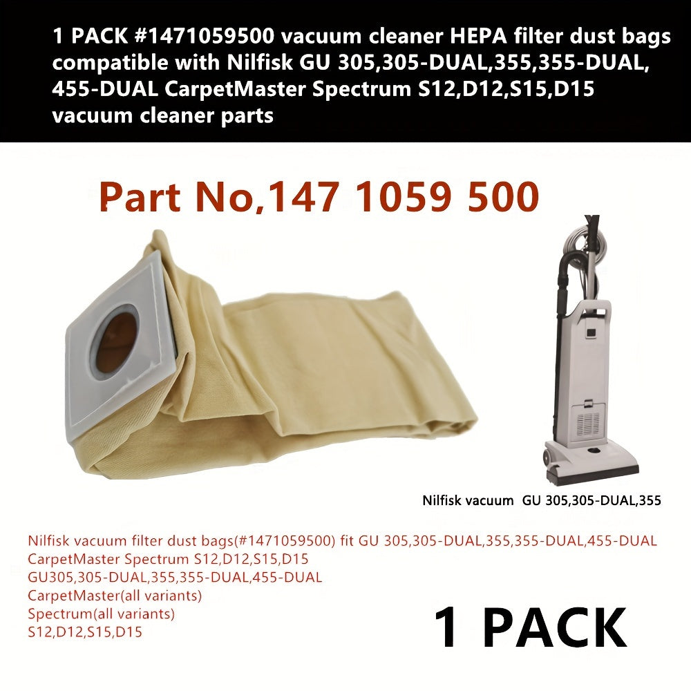 Compatible with Nilfisk GU 305, 305-DUAL, 355, 355-DUAL, 455-DUAL CarpetMaster Spectrum S12, D12, S15, D15 vacuum cleaner parts, this HEPA filter dust bag is a replacement for #1471059500 vacuum cleaner.