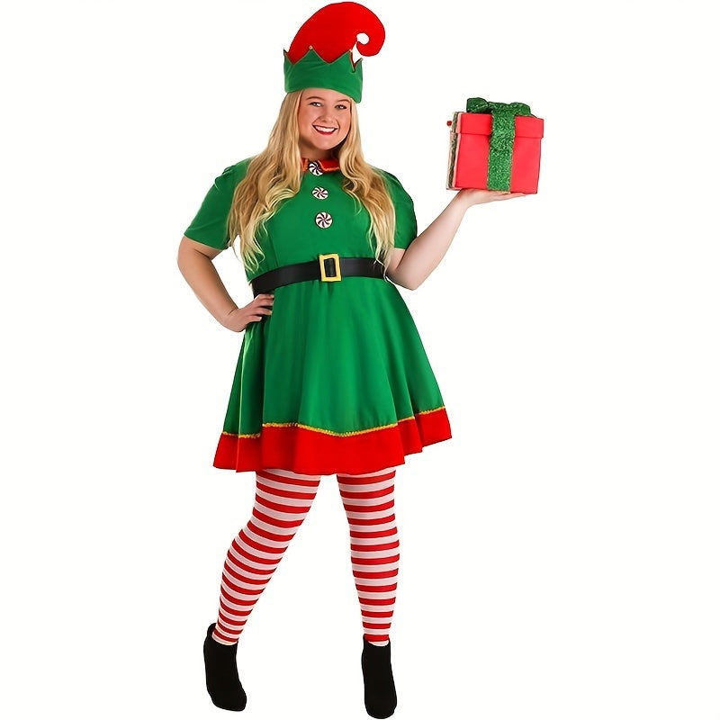 Set of 4 Women's Christmas Elf Costume Pieces Includes Polyester Party Dress, Hat, Socks, and Belt. Features No Print Design, Hand Wash Only. Perfect Festive Holiday Outfit.