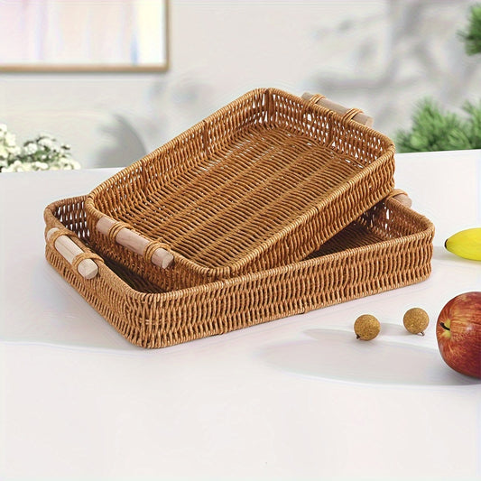 1 piece Woven Rattan Storage Basket with Wooden Handles, Modern Rectangular Tray, Stackable, for Various Uses in Home or Hotel.