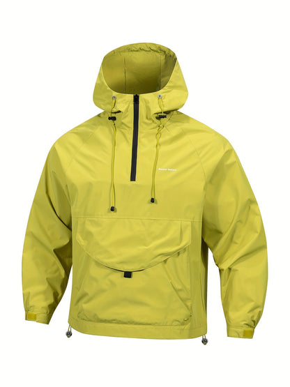 Men's windbreaker jacket with hood, zippered Henley neck, and kangaroo pocket, perfect for outdoor activities.