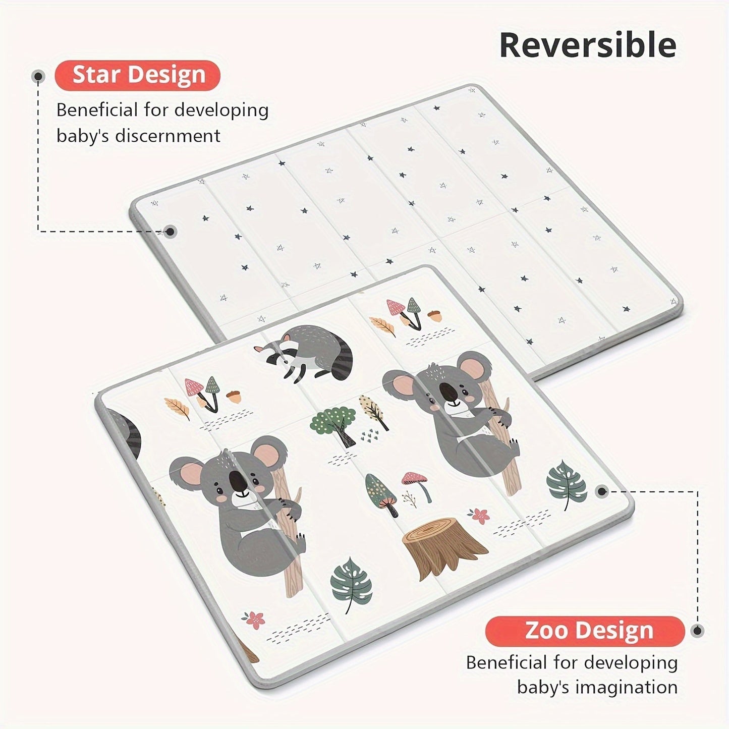 Extra Large Reversible Play Mat, 195.58cm x 177.8cm - Waterproof Non-Slip PE Crawling Mat with Soft Foam Cushion, Featuring Double Sided Designs of Rainbow & Stars, Koala & Stars, and Circles & Lines for Floor Play