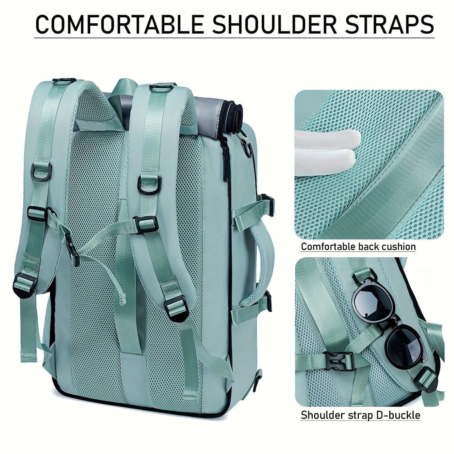 Waterproof backpack with USB port, trolley sleeve, shoe grid for outdoor activities.