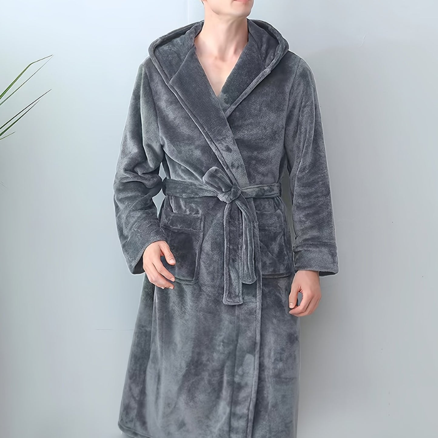 1pc Men's casual long sleeve hooded robe made from solid color polyester knit fabric with pockets, slight stretch, and regular fit suitable for all seasons.