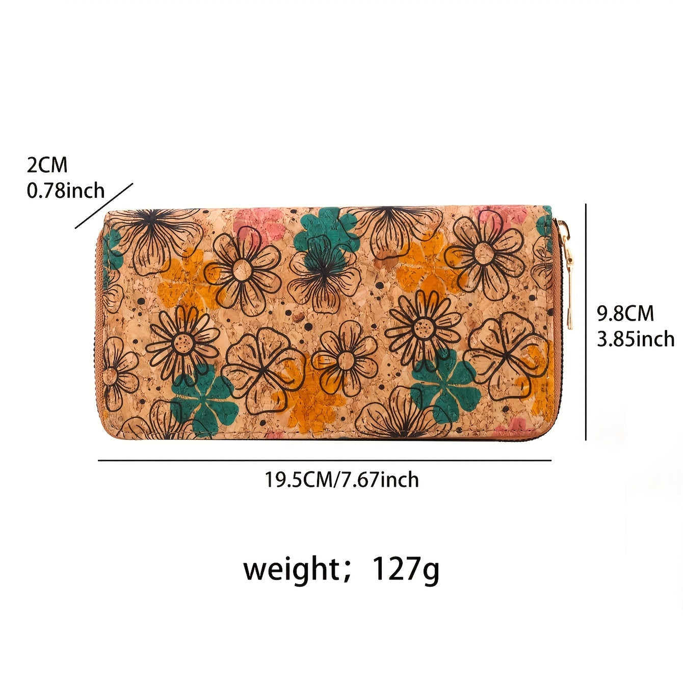 Women's vegan leather wallet with floral print, clutch coin purse, and faux wooden credit card holder.