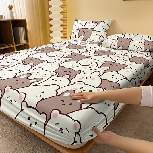 One piece of Cartoon Bear Print Fitted Sheet (Pillowcase not included) made of soft and comfortable material for a cozy sleep experience. Perfect for bedrooms or guest rooms, this brushed mattress protector features deep pockets for a secure fit. Fitted