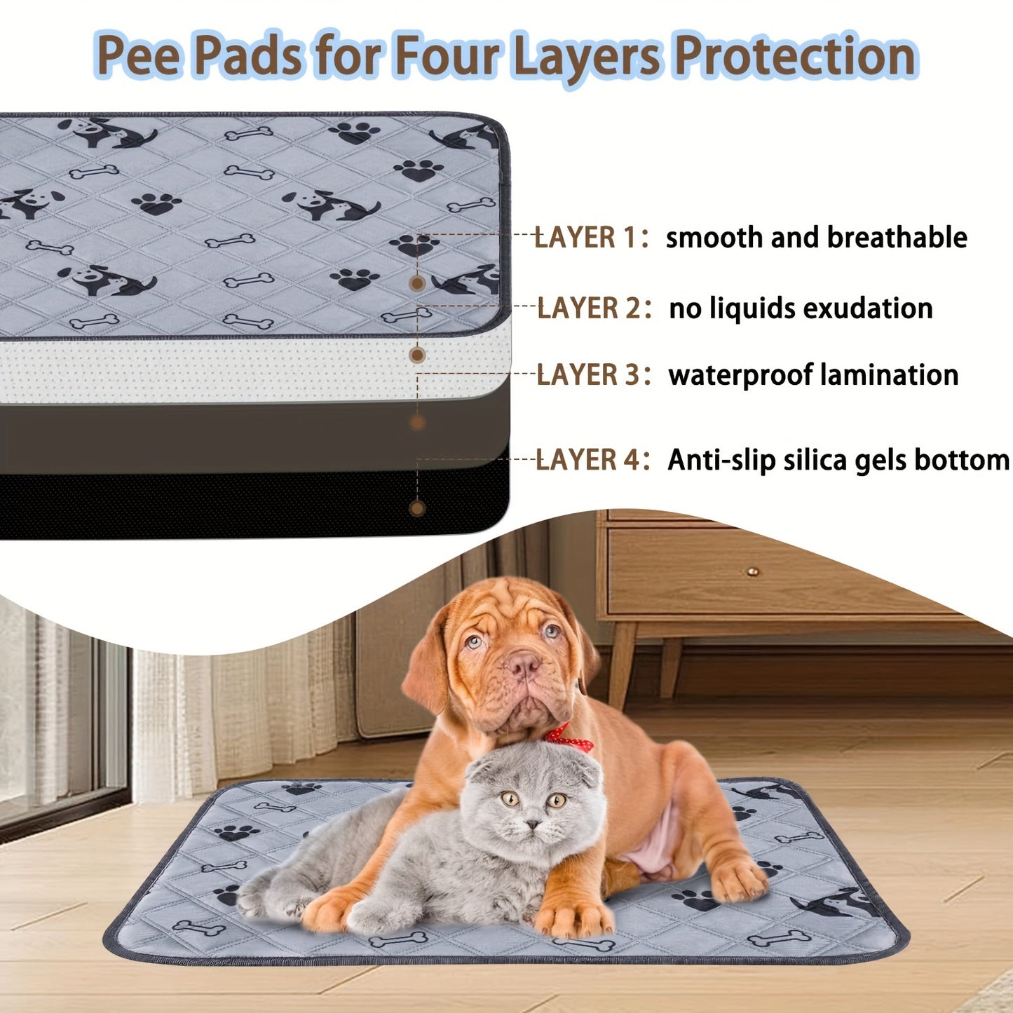 Washable Cartoon Print Dog Pee Pad for Puppies & Cats - Leak-proof, absorbent training mat. Great for kennels, cars, sofas.