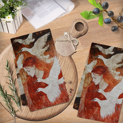 Set of 2 Serene Swan and Red-Haired Woman Art Kitchen Towels - Made of Ultra Soft, Highly Absorbent Polyester Material, Machine Washable, 40.64x60.96 cm - Perfect for Holiday Decor and Daily Use, Dish Hand Towels