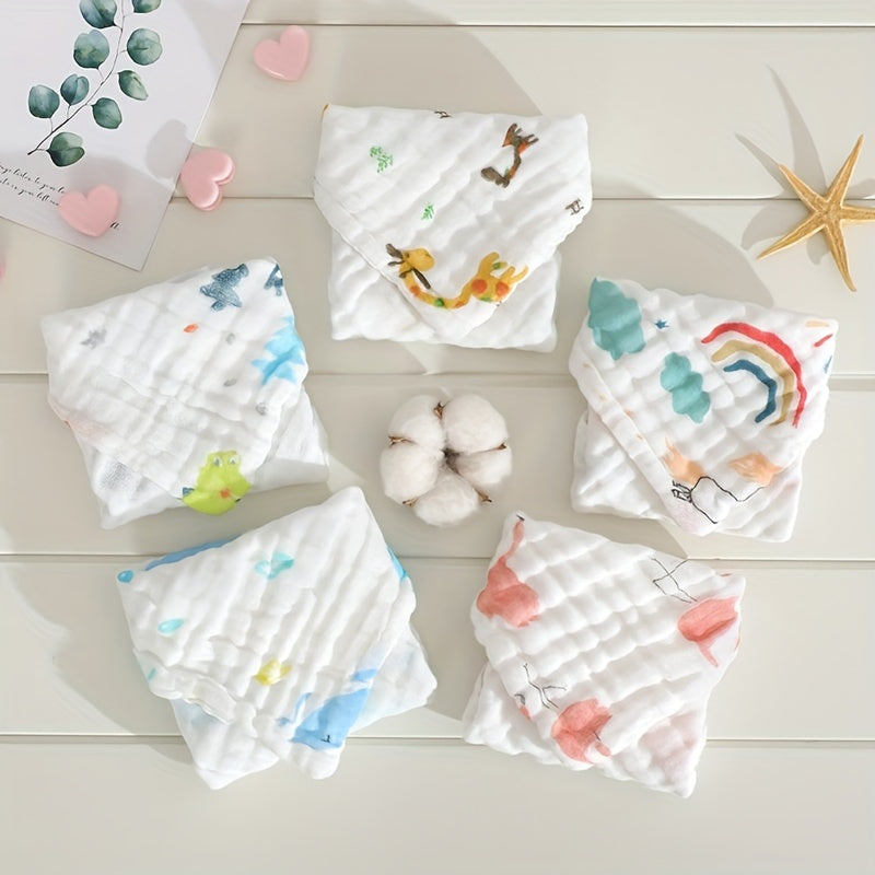 Five pieces of cotton muslin washcloths, soft face cloth for newborns. These absorbent, soft towels are gentle on sensitive baby skin, perfect for wiping, burping, or using as face cloths. Each cloth measures 29.97x29.97 cm.