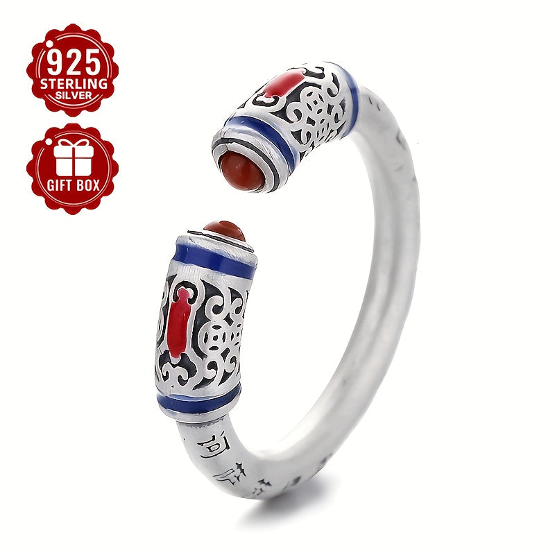 Open ring crafted from 925 sterling silver, featuring a retro, neutral, and national design with a drop glue red agate heart sutra carving. The matte finish adds a touch of elegance, making it suitable for party gatherings. Perfect for both men and