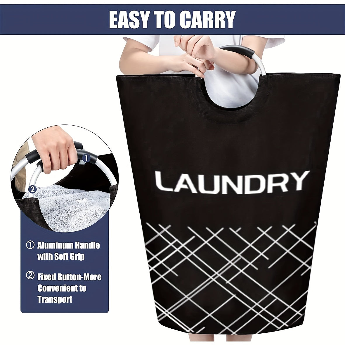 Large Capacity Laundry Basket with Waterproof Fabric and Foam-Protected Aluminum Handles, perfect for Dorm, Family, and Travel. Collapsible, Folding, and Tall Clothes Organizer in Casual Style Round Shape. Laundry Basket is 1 pc and has a capacity of