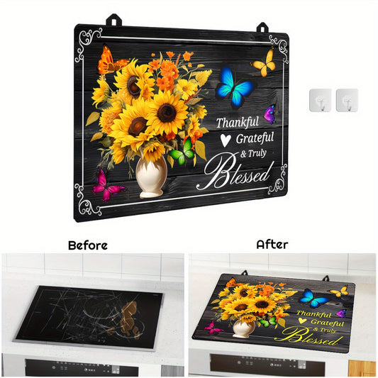 Heat resistant stove top cover with a sunflower design, measuring 28.5x20.5"/72.5x52CM. This glass stove protector is anti-scratch and dishwasher safe, made of natural rubber. Perfect for protecting your stove top during cooking, it can also double as a