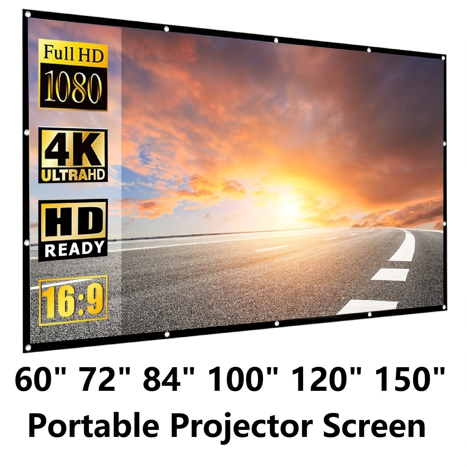 VERCORKIN Portable Projector Screen in 16:9 ratio, foldable, wrinkle-resistant, and dual-sided. Machine washable and available in multiple sizes for various uses.