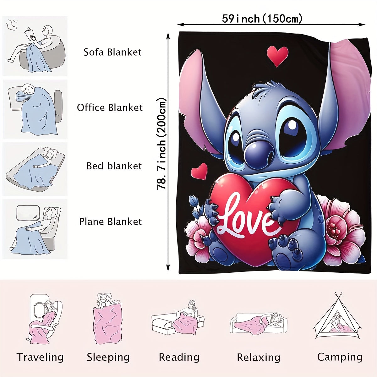 This Flannel Throw Blanket features a cute Stitch Cartoon Love Heart design, making it a perfect addition to any room. It is made of soft and cozy all-season multipurpose digital print fleece, crafted from 100% polyester and weighing 200-250g. The