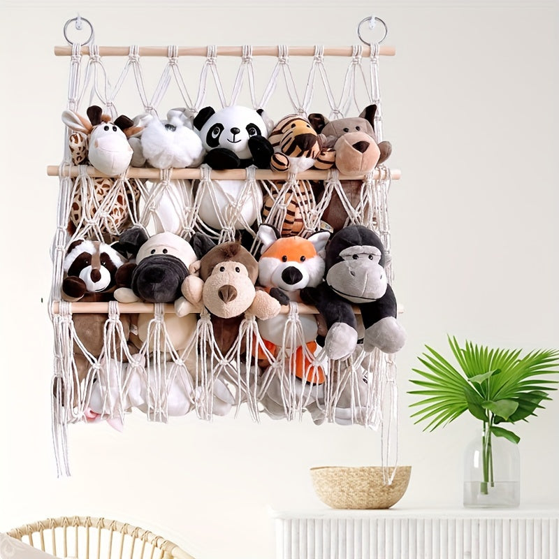 Bohemian Chic Plush Toy Storage Rack with Handwoven Baskets - Ideal for Bedroom, Daycare, Crafts, Bathroom Organization, and Gift Storage.