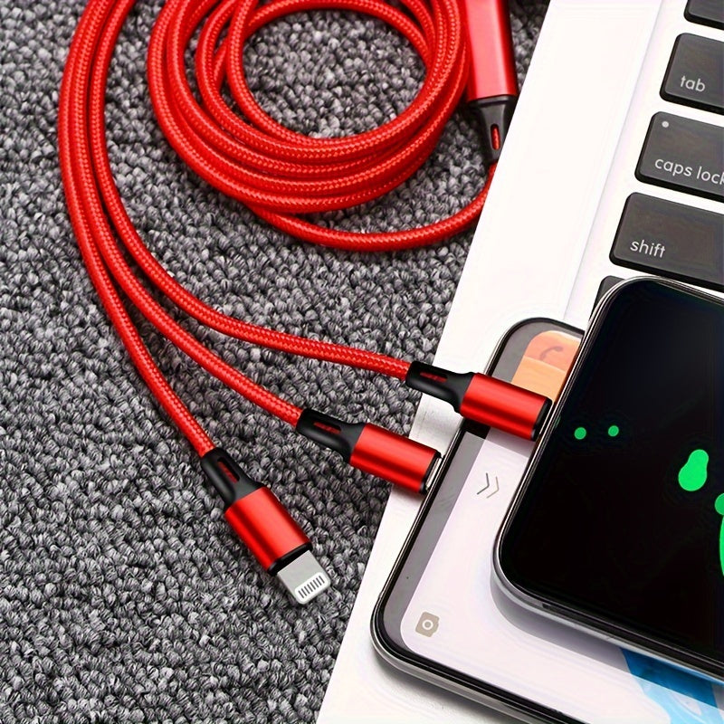 3in1 Multi Charging Cable for iPhone, Type-C, and Micro USB devices, compatible with Samsung, Redmi, OnePlus, Xiaomi, and more.