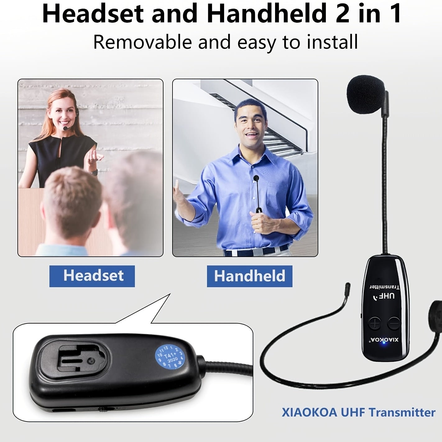 Rechargeable wireless microphone headset with UHF receiver, ideal for public speaking and teaching, USB Type-C charging.