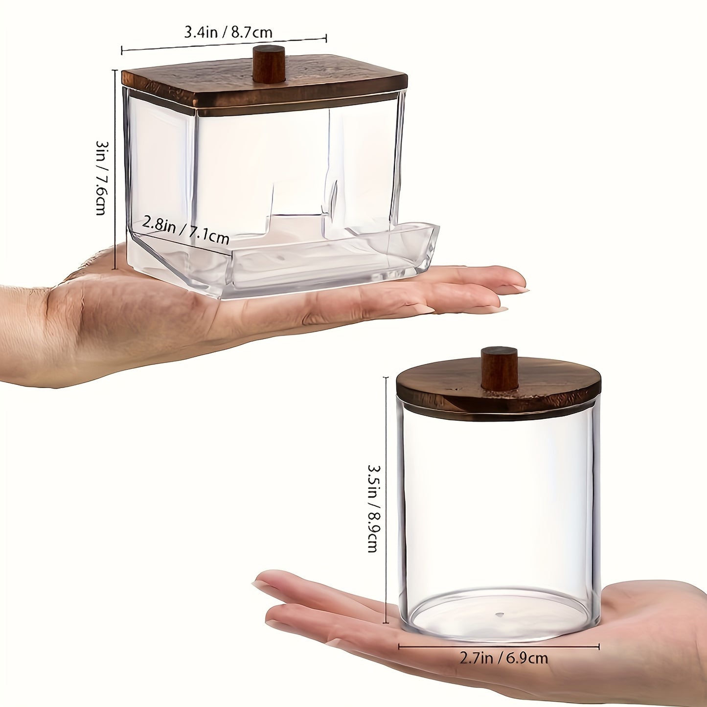 1 or 2 piece bathroom container with swap holder, apothecary jar organizer with brown wood lids for storing 7 or 10oz balls/swabs dispenser.