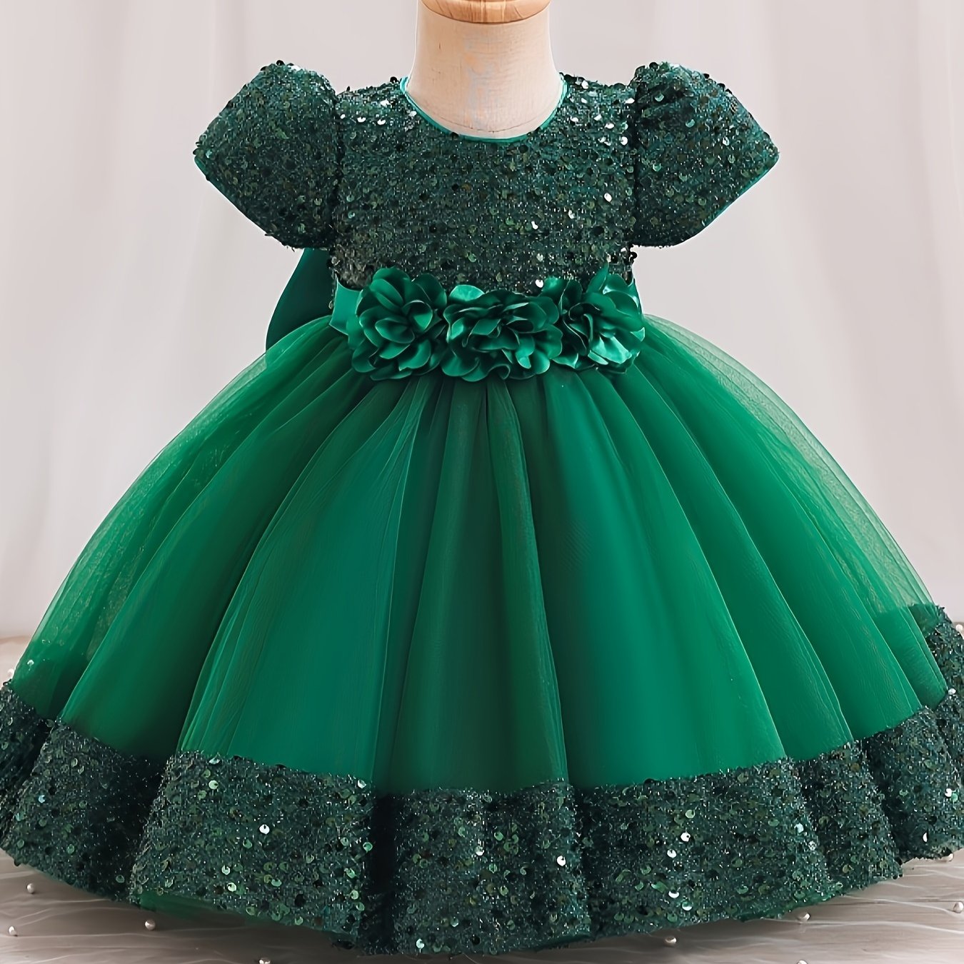 Sparkling gown dress with 3D flower decor and sequins, perfect for weddings, birthdays, and parties.