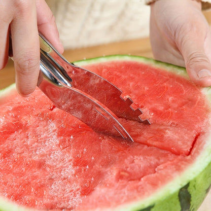 Stainless steel fruit slicer for cutting watermelon and cantaloupe quickly and easily.