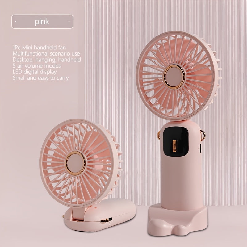 Compact Mini Fan with Digital Display, USB Charging, 5 Speed Settings, Portable and Foldable - Ideal for Travel, Commuting, Makeup, and Office.