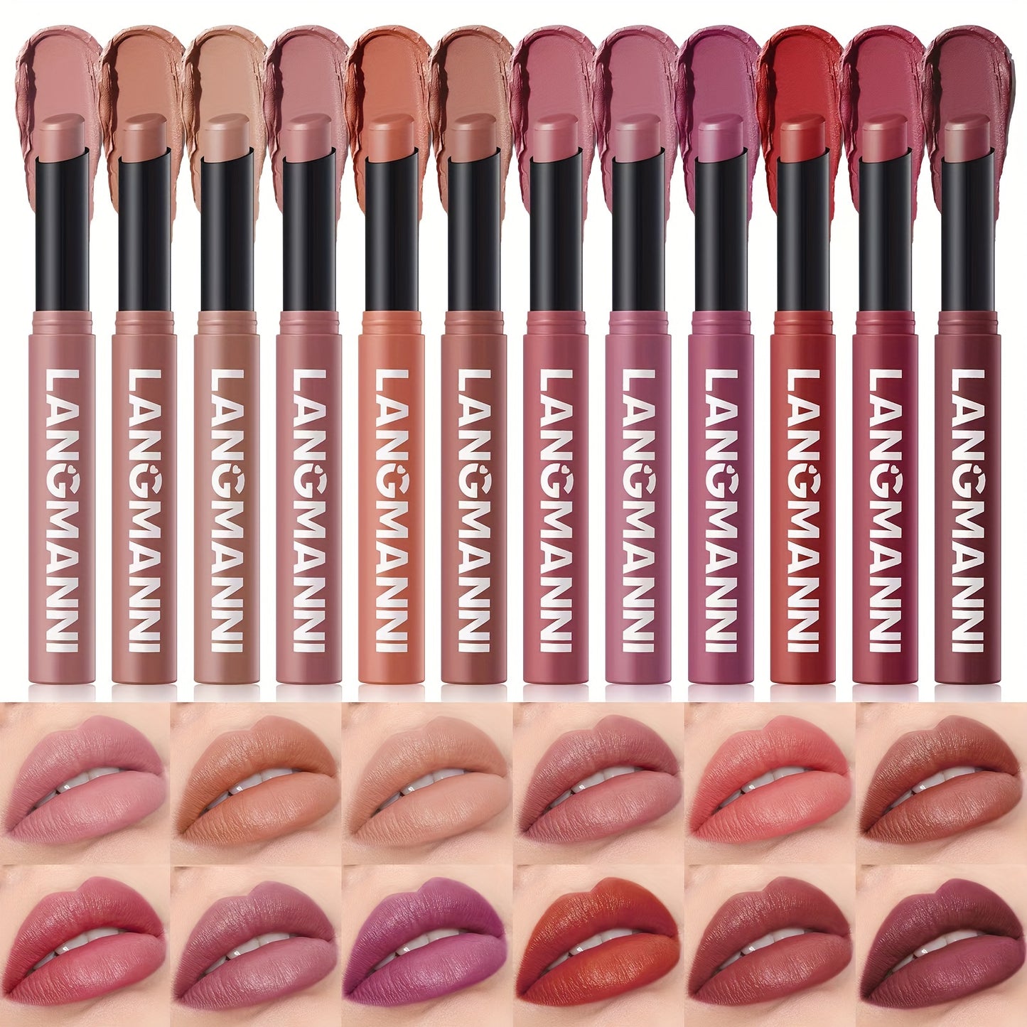 Matte lipstick in 12 shades for all skin tones in berry and mixed colors, long-lasting and vibrant.