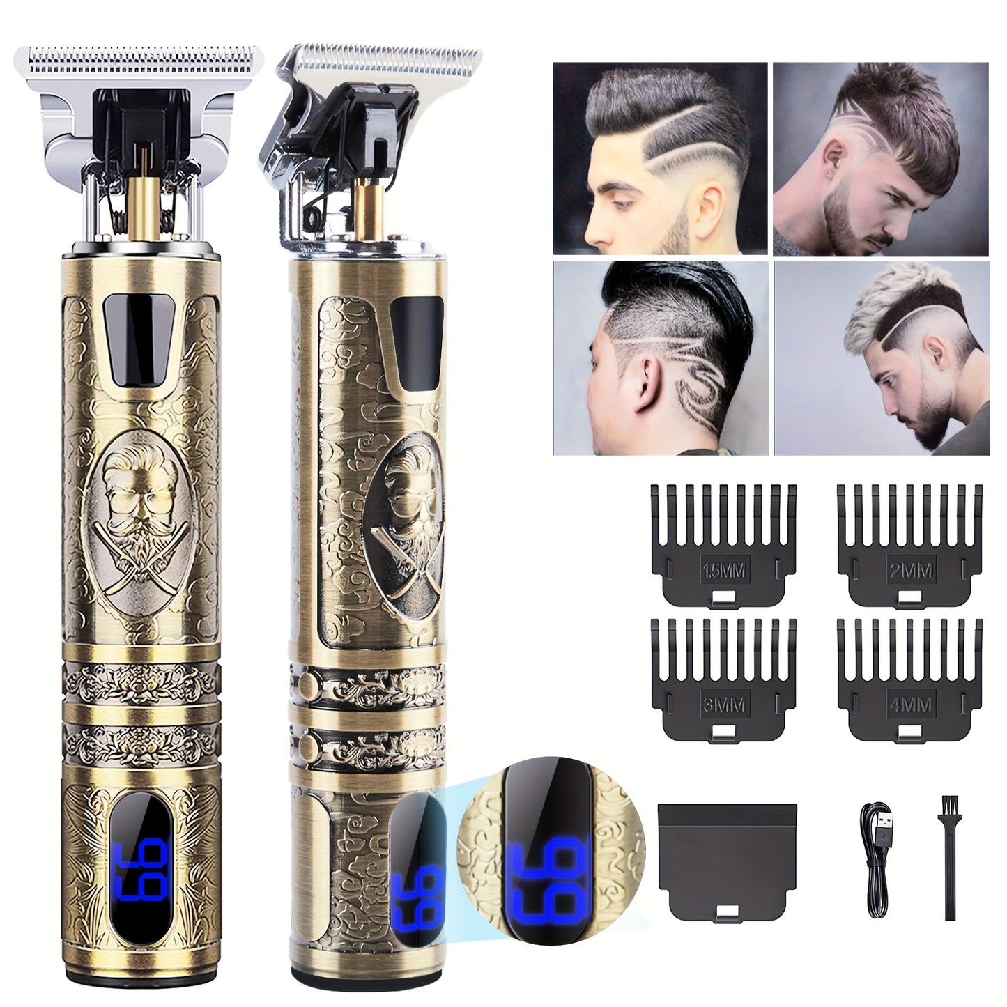 Electric shaver for men with LED display, professional hair clipper, beard trimmer, USB-C charging, wireless long hair trimmer, and 4 attachment combs.