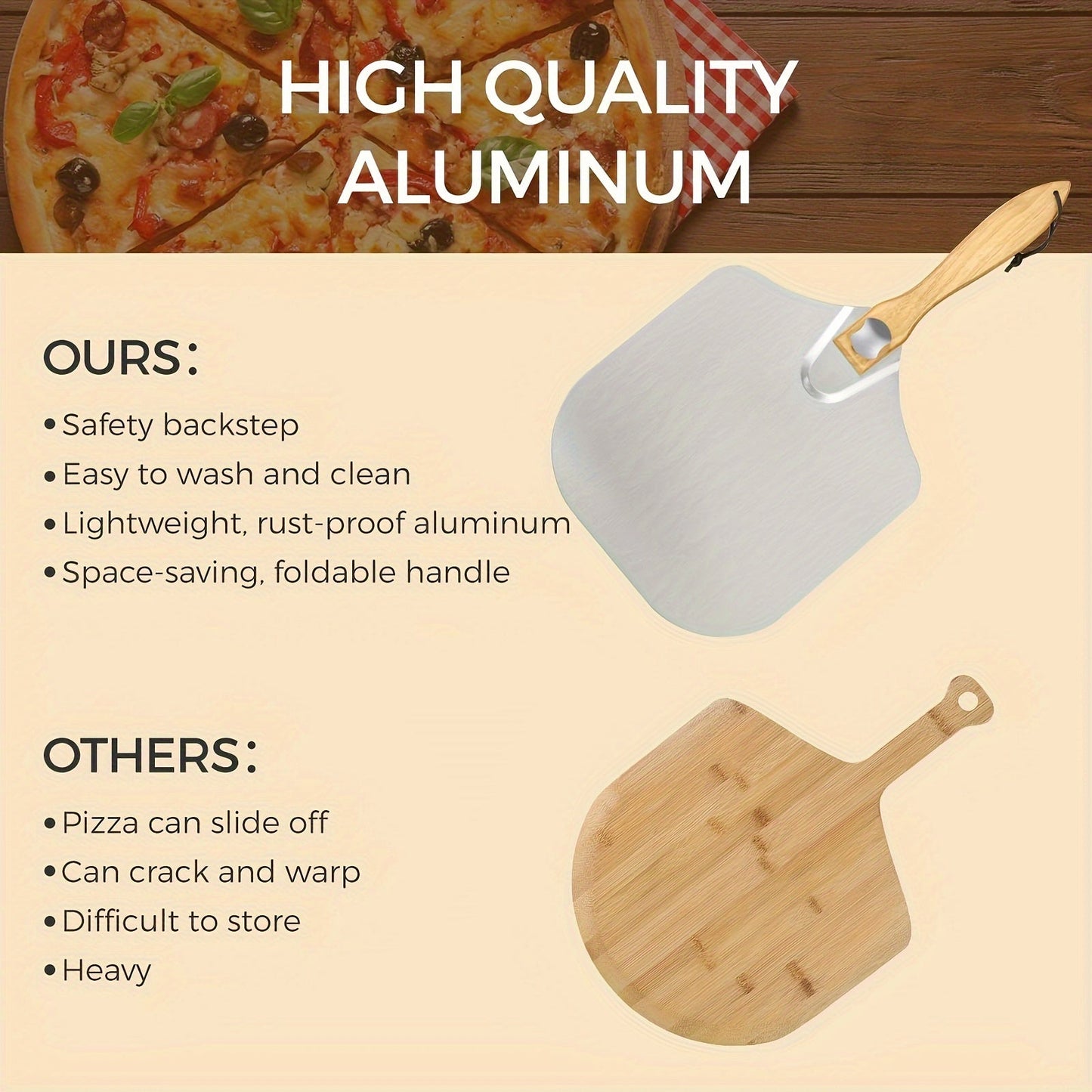 Metal Pizza Peel Set with Wooden Handle, measuring 30.48x35.56 cm. This set includes a Foldable Metal Pizza Peel with Swing Dough Scraper - perfect for Home Pizza Oven Baking. The durable Metal Pizza Board is ideal for handling Dough, Bread, and Pastries.