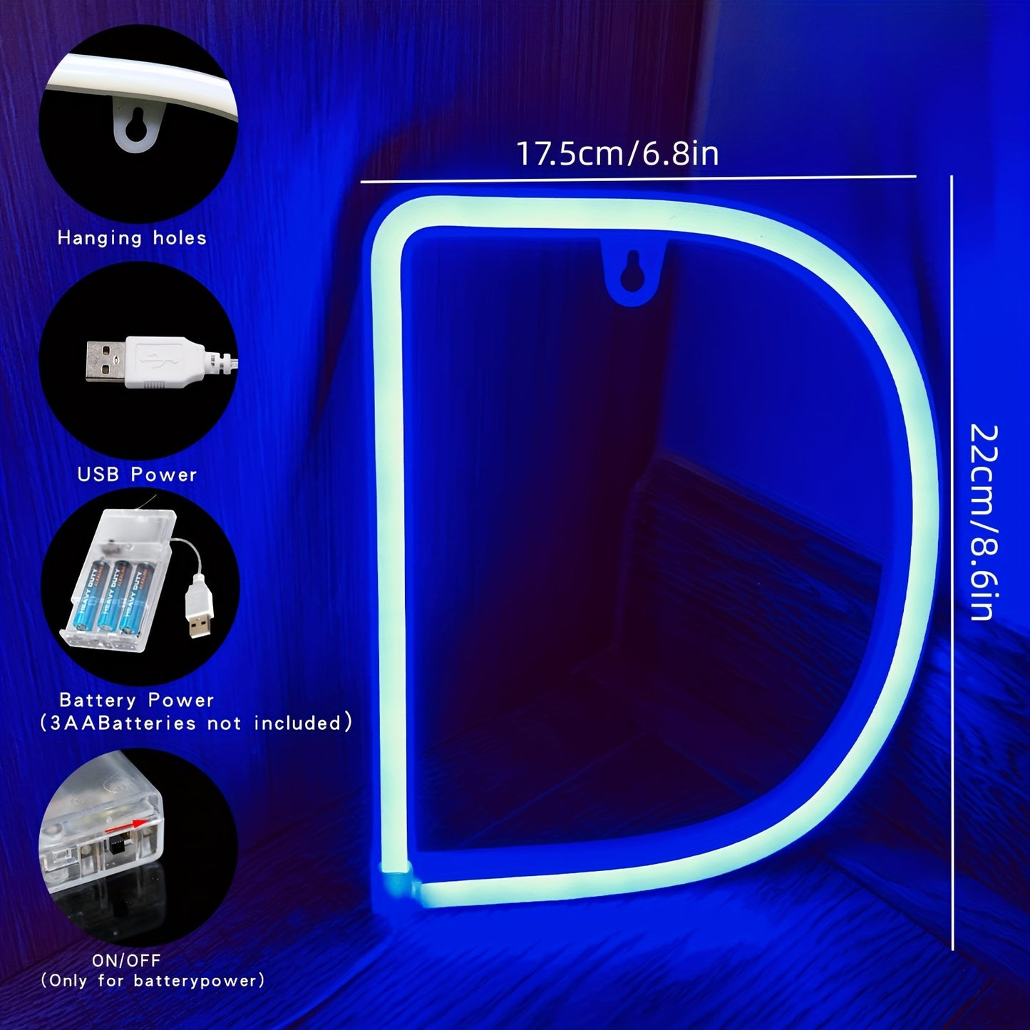 Neon LED letter light sign, powered by USB or batteries, perfect for bedroom decor or special occasions.